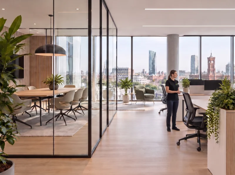 Clean Sweep cleaner working in a bright modern office